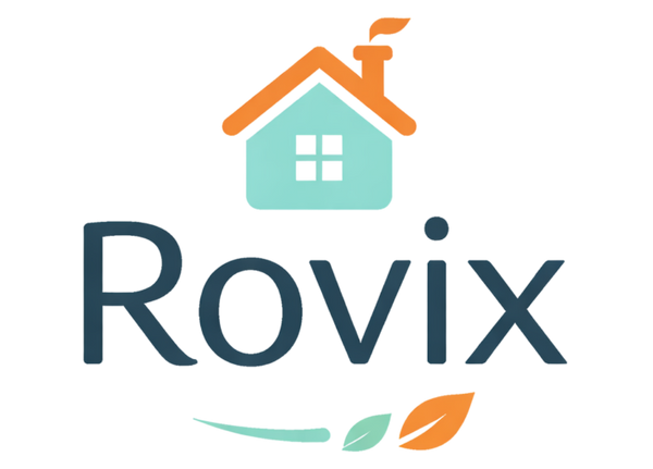 Rovix logo with a stylized house and leaves on a white background